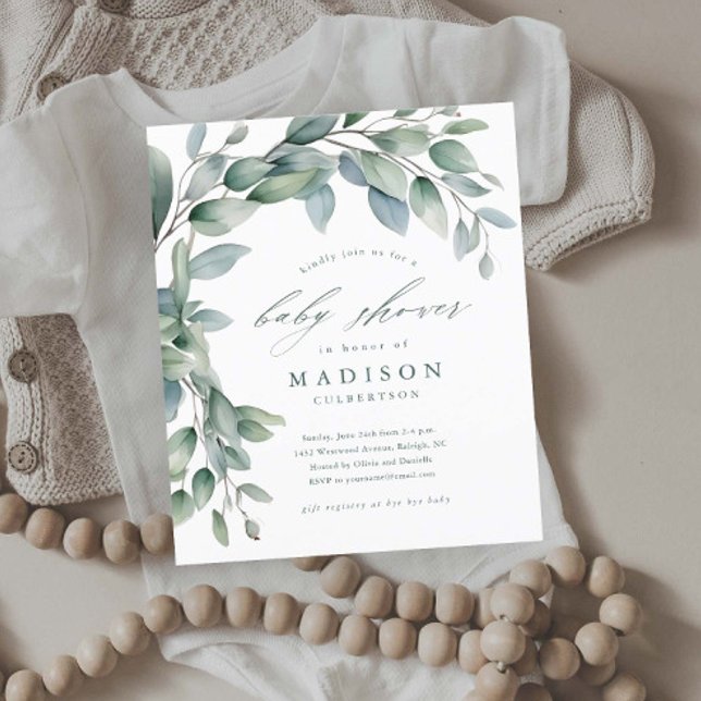 Convites de Chuvada de Bebê Neutro em Gênero Eucal (Budget Eucalyptus Greenery Leaves Baby Shower Invitations.)