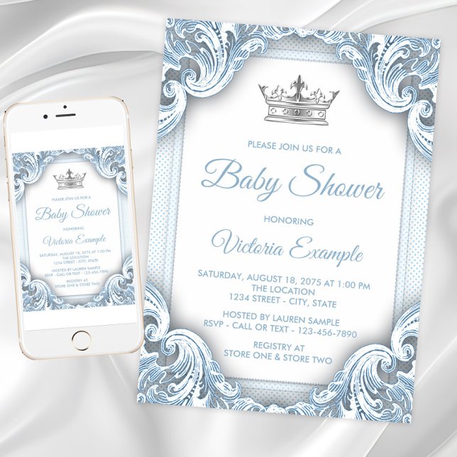 Convites de Chuvada de Bebê Príncipe Azul Prata (Blue Silver Prince Baby Shower Invitations. Instant download and printed invitations available.)