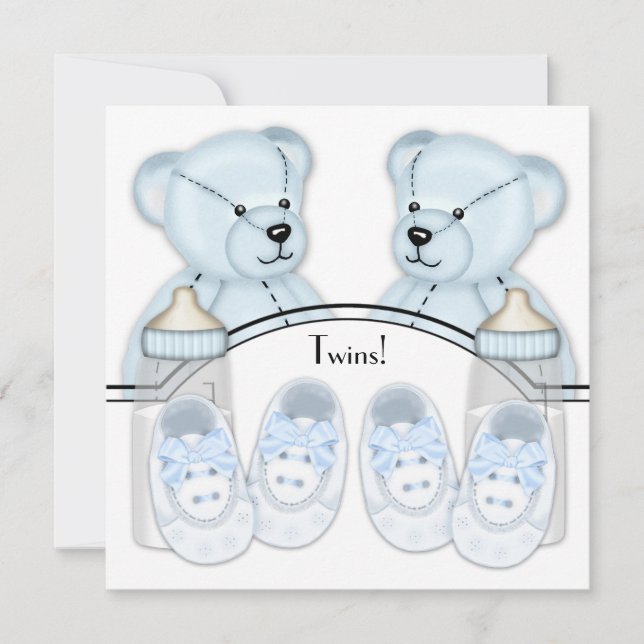 Convites de Chuvade Bebê para Gêmeos Meninos Urso  (Frente)