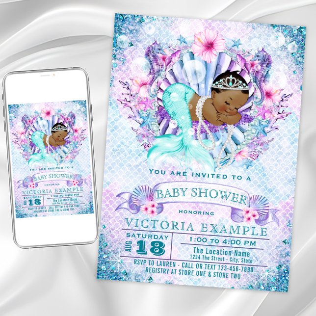 Convites de Chuvade Bebê Sereia Étnica (Cute mermaid baby shower invitation. Instant download and printed invitations available.)