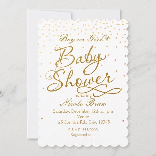 Convites de Chuveiro de Bebê Branco e Dourado com  (Frente)