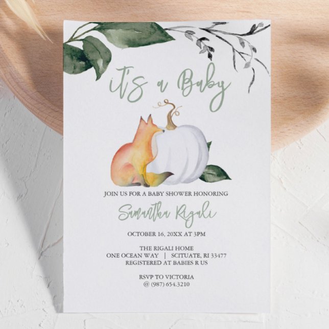 Convites de chuveiro de bebês de temas a outono (Autumn-themed baby shower invites woodland fox and white pumpkin gender neutral)