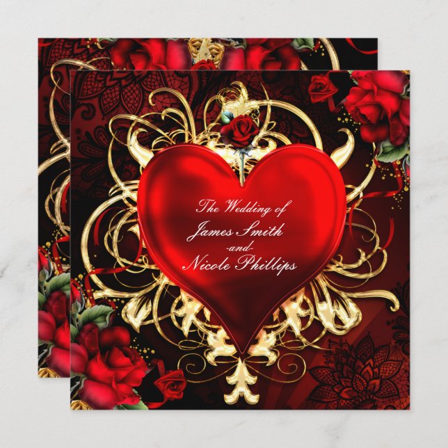 Convites de Coração Floral Ornamentais Preto Verme (Frente/Verso)