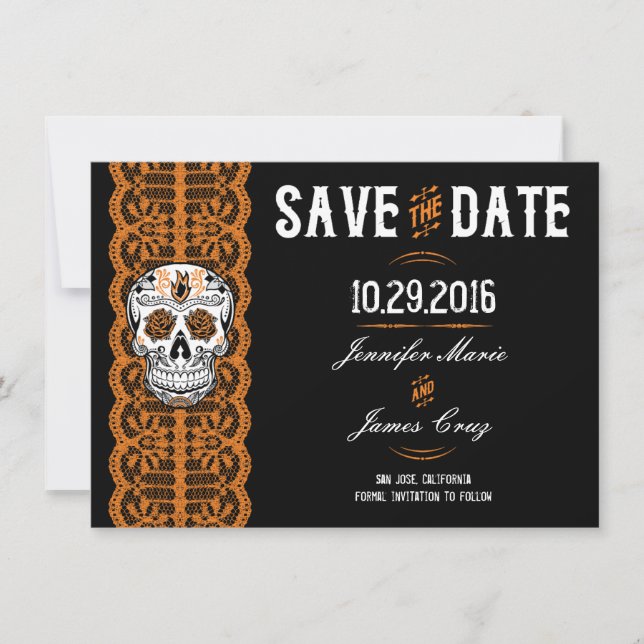 Convites de datas de Orange Lace Sugar Skull 4.5x6 (Frente)