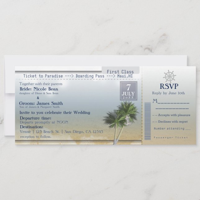 Convites de Destino de Casamento Ticket to Paradis (Frente)