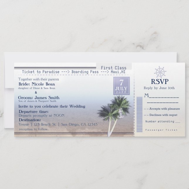 Convites de Destino de Casamento Ticket to Paradis (Frente)