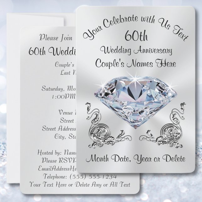Convites de Diamante dos 60 Anos Personalizados Im (60th wedding anniversary invitation cards or 60th wedding anniversary invitations templates. Diamond)