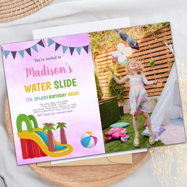Convites de diapositivos de água púrpura com fotog (Purple Water Slide Invitations with photo)