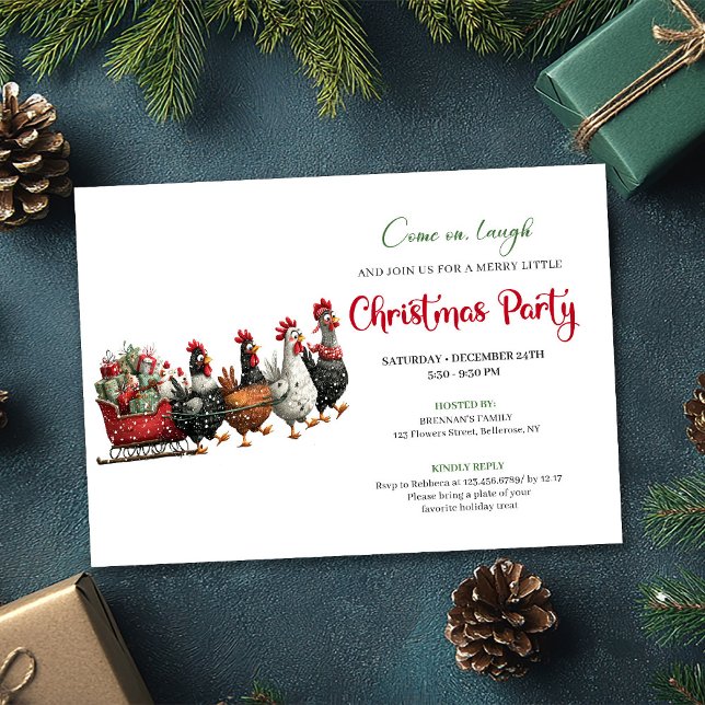 Convites de Férias Modernos com Frangos de Desenho (Whimsical Cartoon Chickens Modern Holiday Invitation)