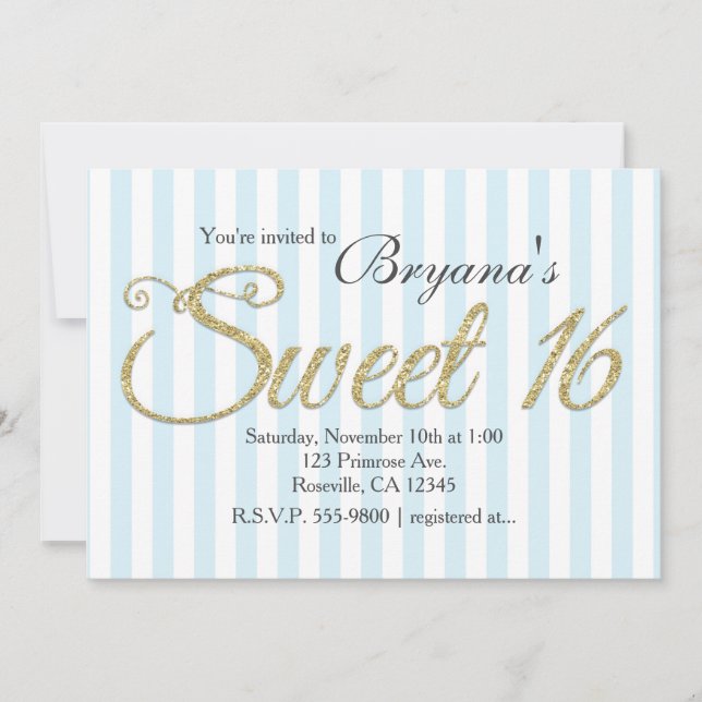 Convites de festa azul SWEET 16 BRILHO DOURADO (Frente)