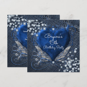 Convites de festa Blue Heart Denim & Diamonds