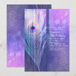 Convites de Festa Boho Glam Roxo Pena de Pavão
