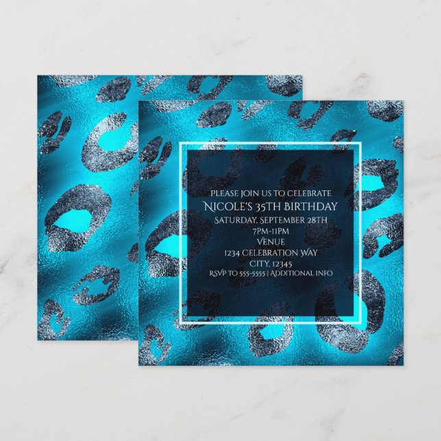 Convites de festa com estampa de leopardo azul e p (Frente/Verso)