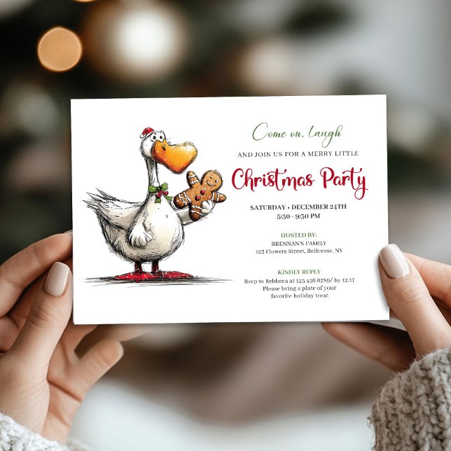 Convites de Festa com Humor Natalino de Ganso Dive (Christmas Funny Goose Playful Whimsy Party Invitation)