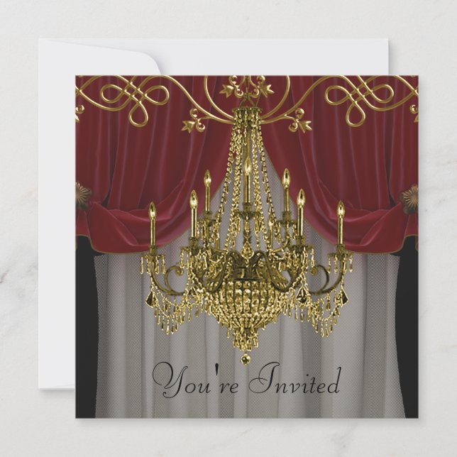 Convites de festa com lustre dourado e vermelho Bo (Frente)