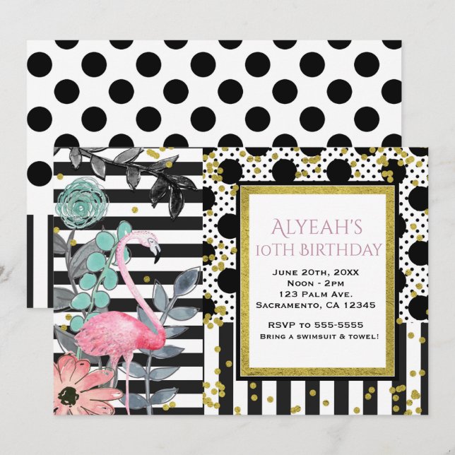 Convites de Festa com Pontos Polka Flamingo Rosa d (Frente/Verso)