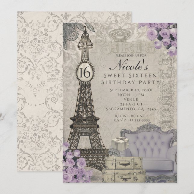 Convites de Festa com Rosas Roxas da Torre Eiffel  (Frente/Verso)
