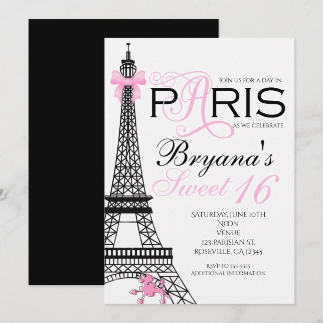 Convites de festa cor-de-rosa e preto elegantes e  (Frente/Verso)
