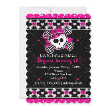 Convites de festa Corações Rosa, Caveira e Ossos C