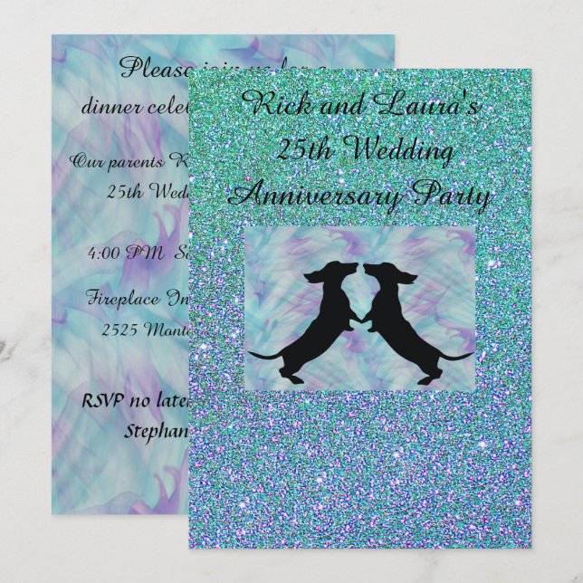 Convites de Festa Dachshund Brilho Roxo Aqua (Frente/Verso)