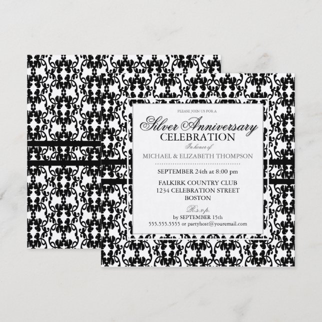 Convites de festa de aniversário de prata com rend (Frente/Verso)