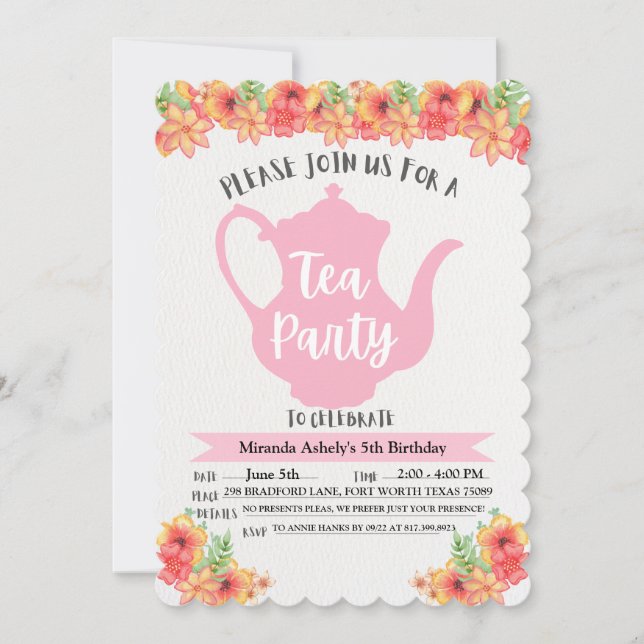 Convites de Festa de Chá para Meninas (Frente)