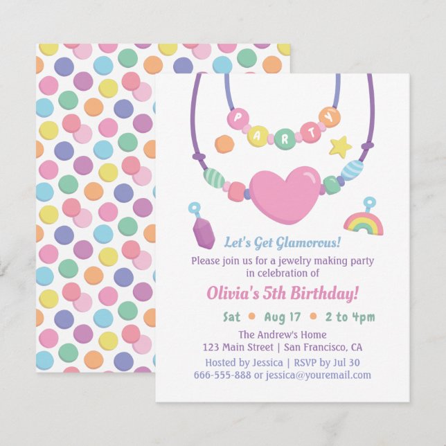 Convites de festa de contas e jóias para meninas (Frente/Verso)