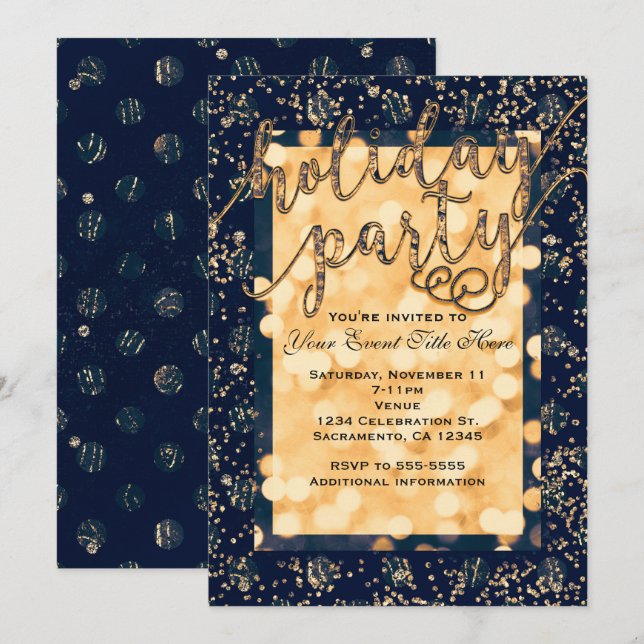 Convites de Festa de Fim de Ano Blue & Gold Glam D (Frente/Verso)