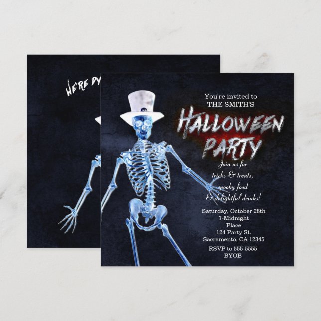 Convites de Festa de Halloween de Esqueleto Brilha (Frente/Verso)