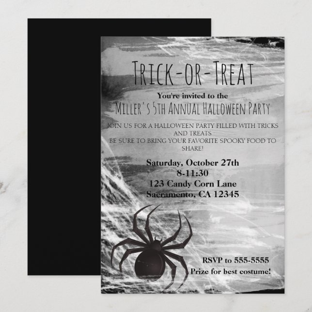 Convites de Festa de Halloween Teia de Aranha da A (Frente/Verso)