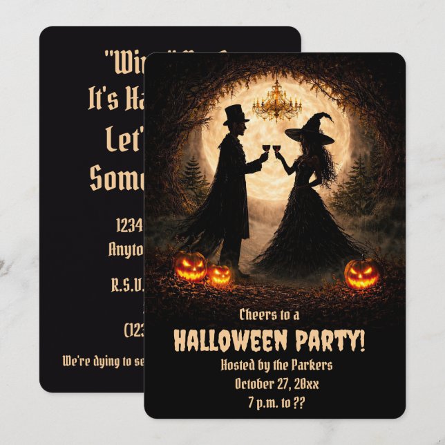 Convites de Festa de Halloween Tema Vinho Fofo (Frente/Verso)