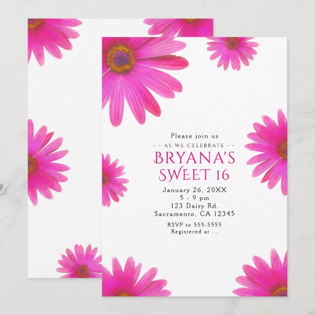 Convites de Festa de Margaridas Florais Rosas na P (Frente/Verso)