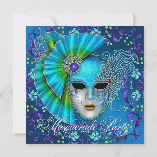 Convites de Festa de Máscaras Azul Turquesa (Frente)