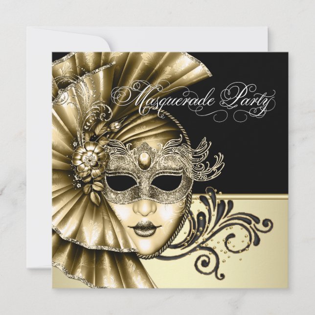 Convites de festa de máscaras em preto dourado ele (Frente)