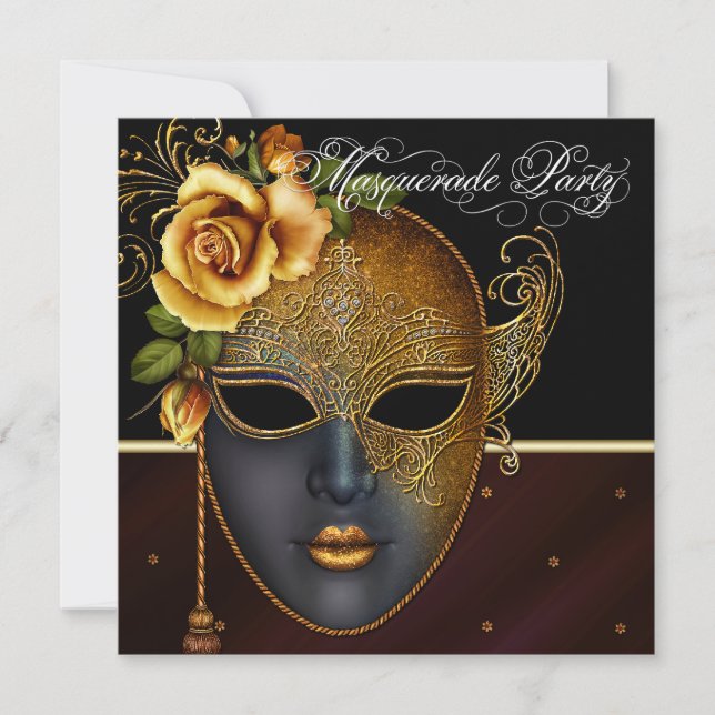 Convites de festa de máscaras em preto e dourado e (Frente)