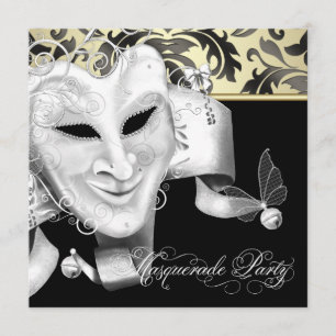 Convites de festa de máscaras em preto e dourado e