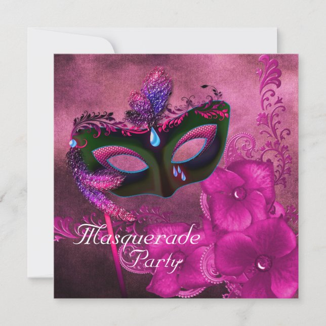 Convites de Festa de Máscaras Rosa Roxo Borgonha (Frente)