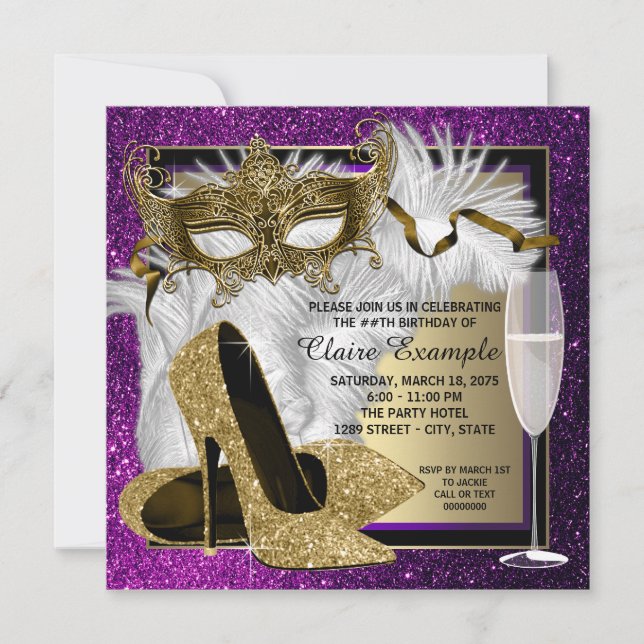 Convites de festa de máscaras roxo dourado para mu (Frente)