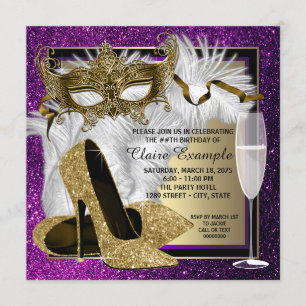 Convites de festa de máscaras roxo dourado para mu