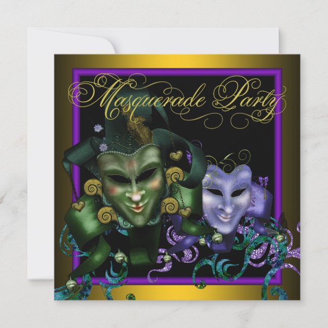 Convites de Festa de Máscaras Verde Dourado Roxo (Frente)