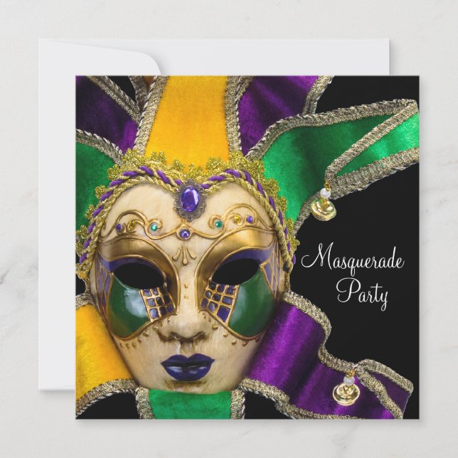 Convites de Festa de Máscaras Verde Roxo Dourado (Frente)
