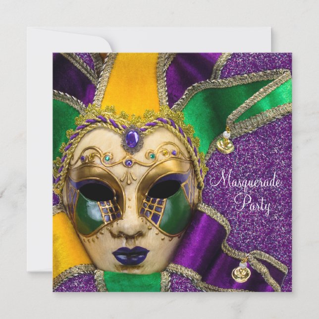 Convites de Festa de Máscaras Verde Roxo Dourado (Frente)