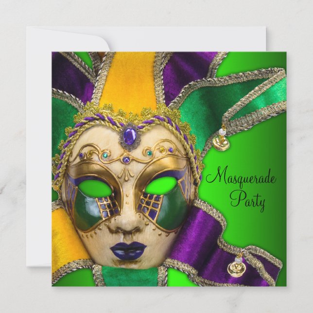 Convites de Festa de Máscaras Verde Roxo Dourado (Frente)