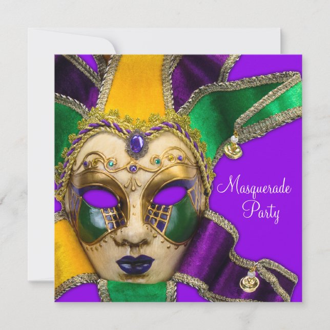 Convites de Festa de Máscaras Verde Roxo Dourado (Frente)