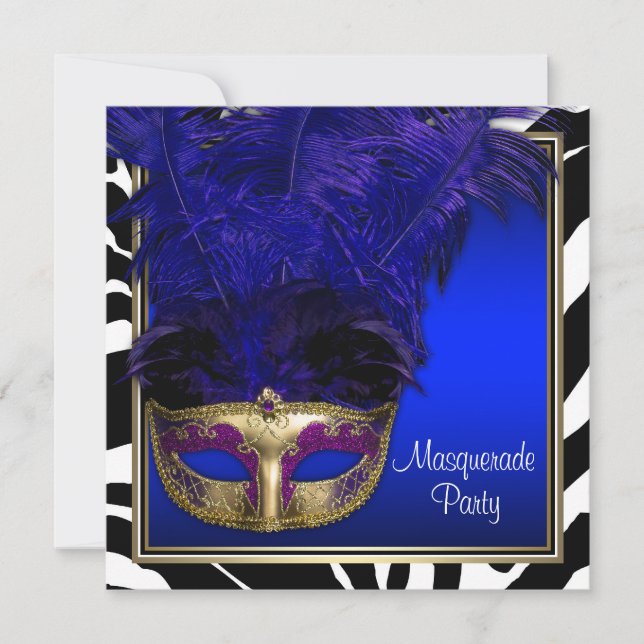 Convites de Festa de Máscaras Zebra Azul Real (Frente)