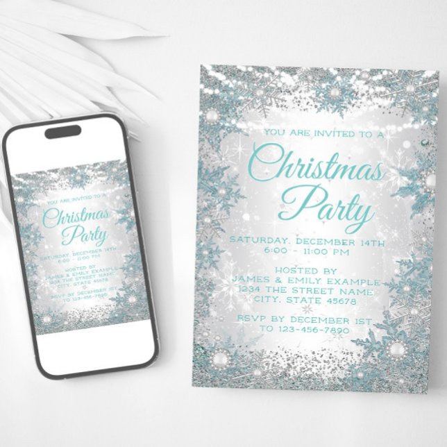 Convites de festa de Natal com flocos de neve azui (Teal blue silver snowflake Christmas party invitation. Available for instant download and print.)