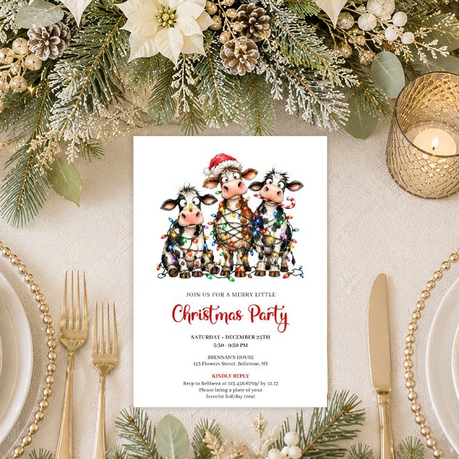 Convites de festa de Natal de desenho animado de v (Modern Funny Cows Cartoon Christmas Party Invitation Art

)
