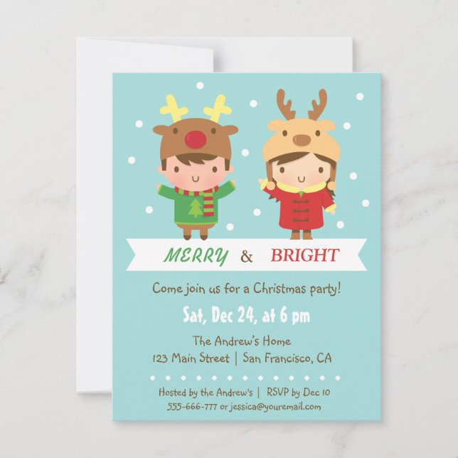 Convites de Festa de Natal para Crianças com Rena  (Frente)