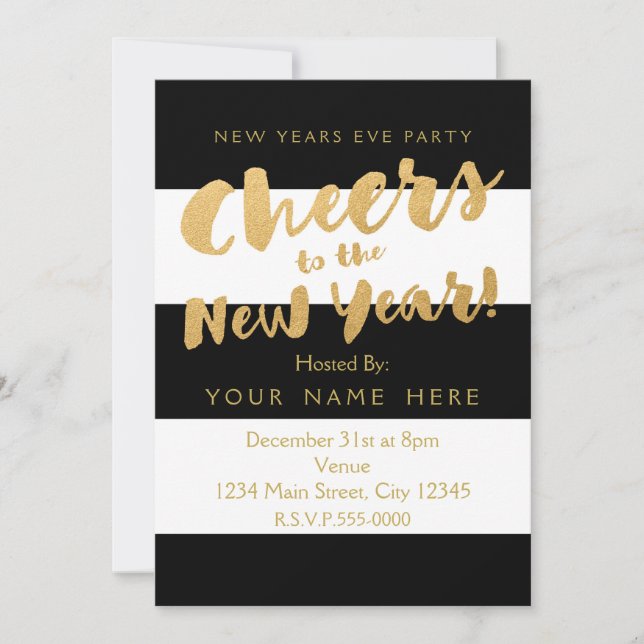Convites de Festa de Réveillon Preto Branco & Dour (Frente)