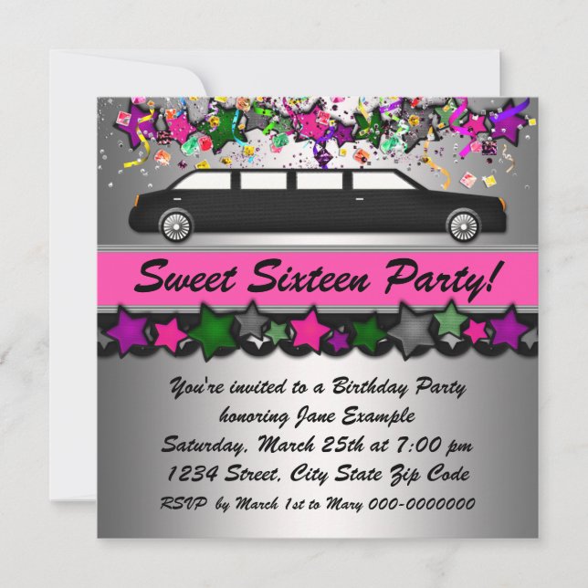 Convites de festa de Sweet Sixteen de limusine ros (Frente)